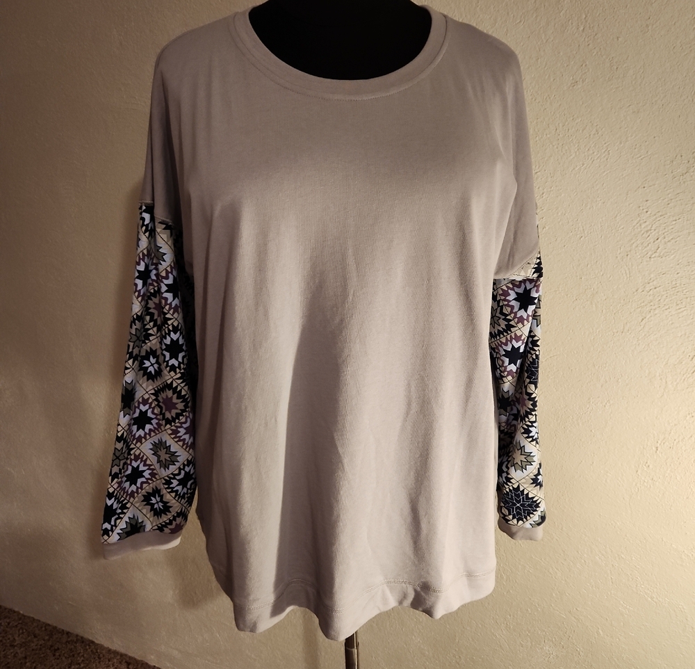 Cotton Bleu Gray Long Sleeve Tee Patchwork Sleeves Size 2X
